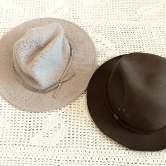 [ Country Feminine Minimalist Set of Neutral Taupe Tan & Olive Brown Wool Hats ] - Picture 3 of 4